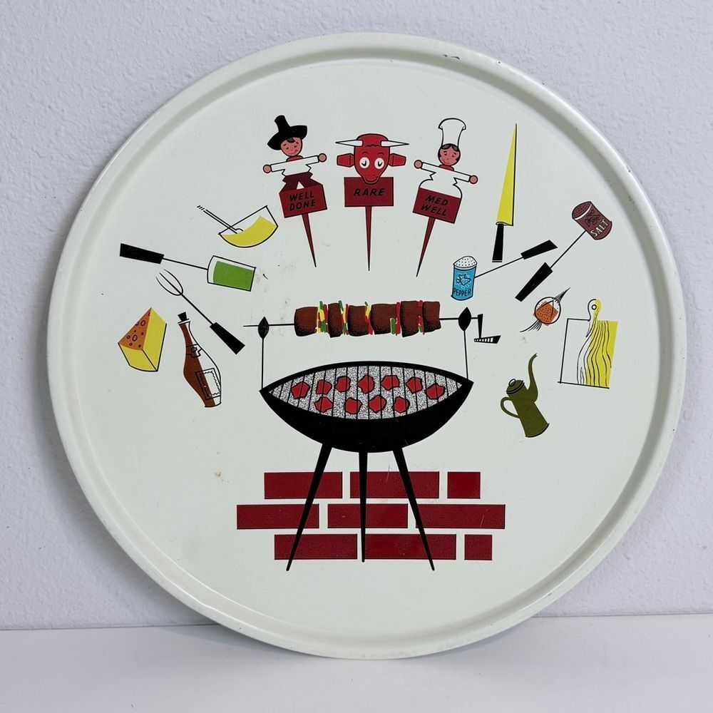 Vintage 60s Mid-Cemtury BBQ Serving Tray with Colorful Graphics 14”